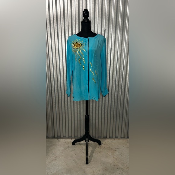 Womens Bob Mackie Blue Silk Geometric Button Down Long Sleeve Blouse Size Medium - Picture 1 of 5